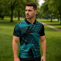 New Zealand Rugby Pacific Personalised Zipper Polo Shirt All Turquoise Maori Pasifika Fern Pattern - Polynesian Pride