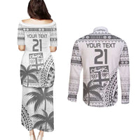 Custom Fiji Rugby Couples Matching Puletasi and Long Sleeve Button Shirt Polynesian Fijian Masi Palm Tree