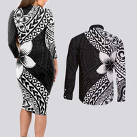 Lotu Tamaiti White Sunday Couples Matching Long Sleeve Bodycon Dress and Long Sleeve Button Shirt Pacific Plumeria Flowers - Black Version