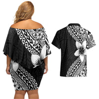 Lotu Tamaiti White Sunday Couples Matching Off Shoulder Short Dress and Hawaiian Shirt Pacific Plumeria Flowers - Black Version