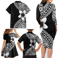 Lotu Tamaiti White Sunday Family Matching Long Sleeve Bodycon Dress and Hawaiian Shirt Pacific Plumeria Flowers - Black Version