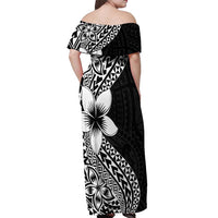Lotu Tamaiti White Sunday Off Shoulder Maxi Dress Pacific Plumeria Flowers - Black Version