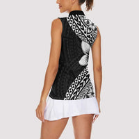 Lotu Tamaiti White Sunday Women Sleeveless Polo Shirt Pacific Plumeria Flowers - Black Version