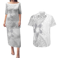 Lotu Tamaiti White Sunday Couples Matching Puletasi and Hawaiian Shirt Pacific Plumeria Flowers - White Version