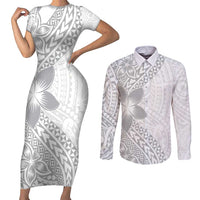 Lotu Tamaiti White Sunday Couples Matching Short Sleeve Bodycon Dress and Long Sleeve Button Shirt Pacific Plumeria Flowers - White Version