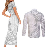Lotu Tamaiti White Sunday Couples Matching Short Sleeve Bodycon Dress and Long Sleeve Button Shirt Pacific Plumeria Flowers - White Version