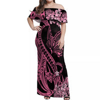 Polynesian Floral Butterfly Off Shoulder Maxi Dress Breast Cancer Pink Ribbon LT9 Women Pink - Polynesian Pride
