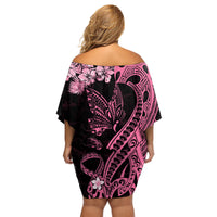 Personalised Polynesian Floral Butterfly Family Matching Off Shoulder Short Dress and Hawaiian Shirt Breast Cancer Pink Ribbon LT9 - Polynesian Pride