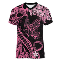 Personalised Polynesian Floral Butterfly Women V Neck T Shirt Breast Cancer Pink Ribbon LT9 Female Pink - Polynesian Pride
