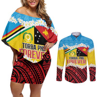 Personalised Torba PNG Forever Couples Matching Off Shoulder Short Dress and Long Sleeve Button Shirt Polynesian Sand Art - Polynesian Pride