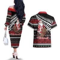 New Zealand Kiwi Santa Christmas Couples Matching Off The Shoulder Long Sleeve Dress and Hawaiian Shirt He Wairua Kirihimete - Polynesian Pride