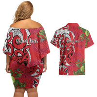 Personalised New Zealand Koru Pohutukawa Couples Matching Off Shoulder Short Dress and Hawaiian Shirt Meri Kirihimete Aroha for Christmas - Polynesian Pride