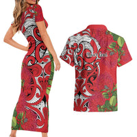 Personalised New Zealand Koru Pohutukawa Couples Matching Short Sleeve Bodycon Dress and Hawaiian Shirt Meri Kirihimete Aroha for Christmas - Polynesian Pride