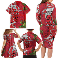 Personalised New Zealand Koru Pohutukawa Family Matching Long Sleeve Bodycon Dress and Hawaiian Shirt Meri Kirihimete Aroha for Christmas - Polynesian Pride