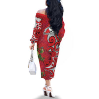 Personalised New Zealand Koru Pohutukawa Family Matching Off The Shoulder Long Sleeve Dress and Hawaiian Shirt Meri Kirihimete Aroha for Christmas - Polynesian Pride