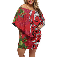 Personalised New Zealand Koru Pohutukawa Off Shoulder Short Dress Meri Kirihimete Aroha for Christmas - Polynesian Pride