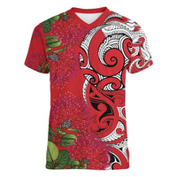 Personalised New Zealand Koru Pohutukawa Women V-Neck T-Shirt Meri Kirihimete Aroha for Christmas - Polynesian Pride