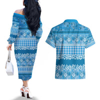 Hawaiian Hibiscus Honu Couples Matching Off The Shoulder Long Sleeve Dress and Hawaiian Shirt Blue Mele Kalikimaka Palaka Spirit - Polynesian Pride