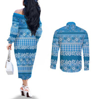 Hawaiian Hibiscus Honu Couples Matching Off The Shoulder Long Sleeve Dress and Long Sleeve Button Shirt Blue Mele Kalikimaka Palaka Spirit - Polynesian Pride