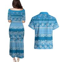 Hawaiian Hibiscus Honu Couples Matching Puletasi and Hawaiian Shirt Blue Mele Kalikimaka Palaka Spirit LT9 - Polynesian Pride