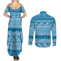 Hawaiian Hibiscus Honu Couples Matching Summer Maxi Dress and Long Sleeve Button Shirt Blue Mele Kalikimaka Palaka Spirit - Polynesian Pride