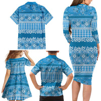 Hawaiian Hibiscus Honu Family Matching Long Sleeve Bodycon Dress and Hawaiian Shirt Blue Mele Kalikimaka Palaka Spirit - Polynesian Pride