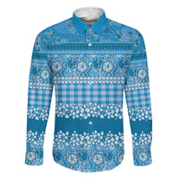 Hawaiian Hibiscus Honu Family Matching Long Sleeve Bodycon Dress and Hawaiian Shirt Blue Mele Kalikimaka Palaka Spirit LT9 Dad's Shirt - Long Sleeve Blue - Polynesian Pride