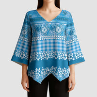 Hawaiian Hibiscus Honu Kimono Sleeve Blouse Blue Mele Kalikimaka Palaka Spirit - Polynesian Pride