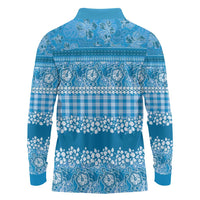 Hawaiian Hibiscus Honu Long Sleeve Polo Shirt Blue Mele Kalikimaka Palaka Spirit - Polynesian Pride