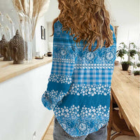 Hawaiian Hibiscus Honu Women Casual Shirt Blue Mele Kalikimaka Palaka Spirit LT9 - Polynesian Pride