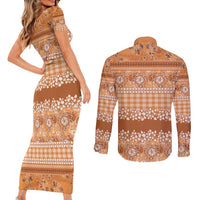 Hawaiian Hibiscus Honu Couples Matching Short Sleeve Bodycon Dress and Long Sleeve Button Shirt Gold Mele Kalikimaka Palaka Spirit LT9 - Polynesian Pride