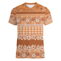 Hawaiian Hibiscus Honu Women V-Neck T-Shirt Gold Mele Kalikimaka Palaka Spirit - Polynesian Pride