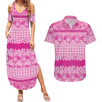 Hawaiian Hibiscus Honu Couples Matching Summer Maxi Dress and Hawaiian Shirt Pink Mele Kalikimaka Palaka Spirit - Polynesian Pride