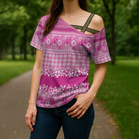Hawaiian Hibiscus Honu Cross Shoulder Shirt Pink Mele Kalikimaka Palaka Spirit LT9 - Polynesian Pride