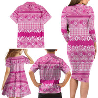 Hawaiian Hibiscus Honu Family Matching Long Sleeve Bodycon Dress and Hawaiian Shirt Pink Mele Kalikimaka Palaka Spirit - Polynesian Pride