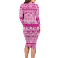 Hawaiian Hibiscus Honu Family Matching Long Sleeve Bodycon Dress and Hawaiian Shirt Pink Mele Kalikimaka Palaka Spirit - Polynesian Pride