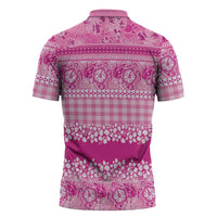 Hawaiian Hibiscus Honu Zipper Polo Shirt Pink Mele Kalikimaka Palaka Spirit - Polynesian Pride