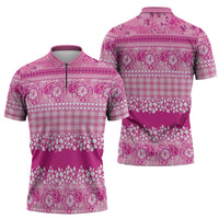 Hawaiian Hibiscus Honu Zipper Polo Shirt Pink Mele Kalikimaka Palaka Spirit - Polynesian Pride