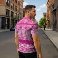 Hawaiian Hibiscus Honu Zipper Polo Shirt Pink Mele Kalikimaka Palaka Spirit - Polynesian Pride
