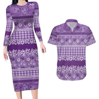 Hawaiian Hibiscus Honu Couples Matching Long Sleeve Bodycon Dress and Hawaiian Shirt Purple Mele Kalikimaka Palaka Spirit - Polynesian Pride
