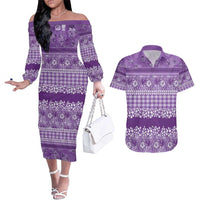 Hawaiian Hibiscus Honu Couples Matching Off The Shoulder Long Sleeve Dress and Hawaiian Shirt Purple Mele Kalikimaka Palaka Spirit - Polynesian Pride