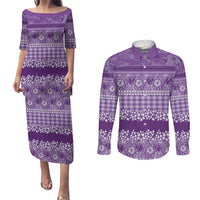 Hawaiian Hibiscus Honu Couples Matching Puletasi and Long Sleeve Button Shirt Purple Mele Kalikimaka Palaka Spirit - Polynesian Pride