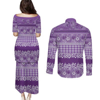 Hawaiian Hibiscus Honu Couples Matching Puletasi and Long Sleeve Button Shirt Purple Mele Kalikimaka Palaka Spirit - Polynesian Pride
