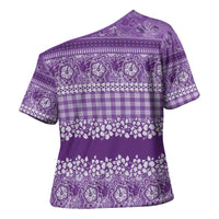 Hawaiian Hibiscus Honu Cross Shoulder Shirt Purple Mele Kalikimaka Palaka Spirit - Polynesian Pride