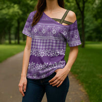 Hawaiian Hibiscus Honu Cross Shoulder Shirt Purple Mele Kalikimaka Palaka Spirit - Polynesian Pride