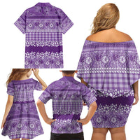 Hawaiian Hibiscus Honu Family Matching Off Shoulder Short Dress and Hawaiian Shirt Purple Mele Kalikimaka Palaka Spirit - Polynesian Pride
