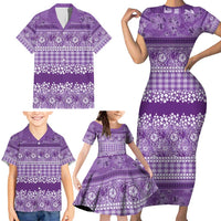 Hawaiian Hibiscus Honu Family Matching Short Sleeve Bodycon Dress and Hawaiian Shirt Purple Mele Kalikimaka Palaka Spirit - Polynesian Pride