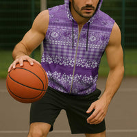 Hawaiian Hibiscus Honu Sleeveless Zip Hoodie Purple Mele Kalikimaka Palaka Spirit - Polynesian Pride