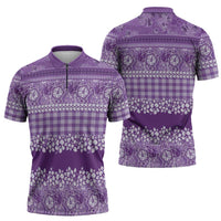 Hawaiian Hibiscus Honu Zipper Polo Shirt Purple Mele Kalikimaka Palaka Spirit - Polynesian Pride