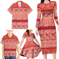 Hawaiian Hibiscus Honu Family Matching Long Sleeve Bodycon Dress and Hawaiian Shirt Red Mele Kalikimaka Palaka Spirit - Polynesian Pride